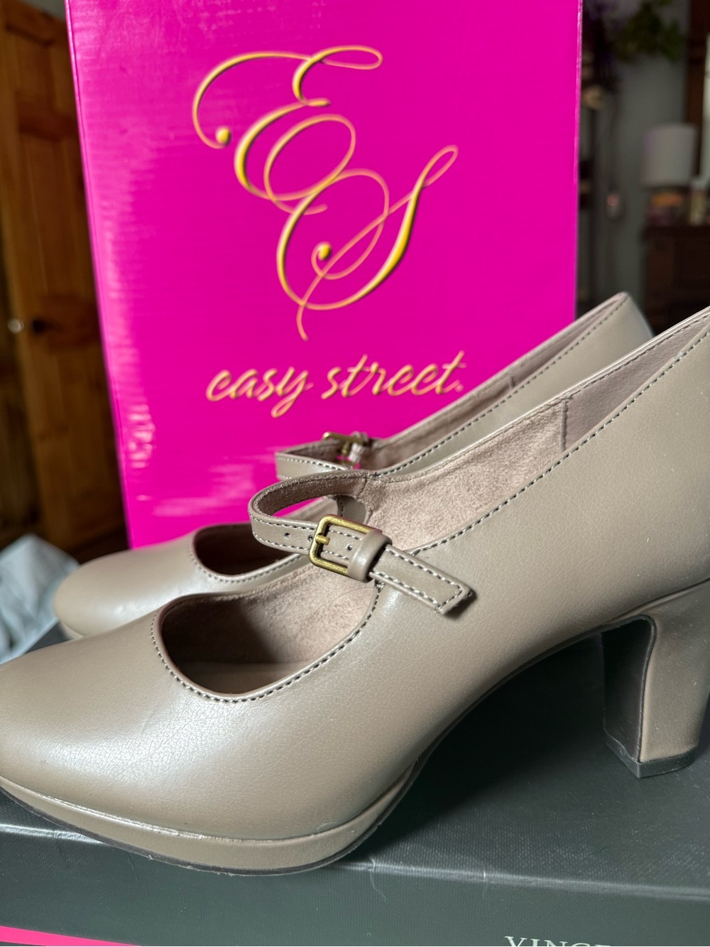 easy street Taupe Mary Jane Heels with Buckle
